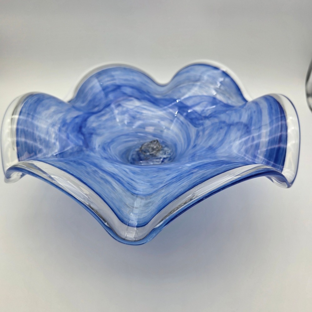 Cristalli d'Oggi Bowl Murano Glass Silver Fruit Base blue White Swirl 12in